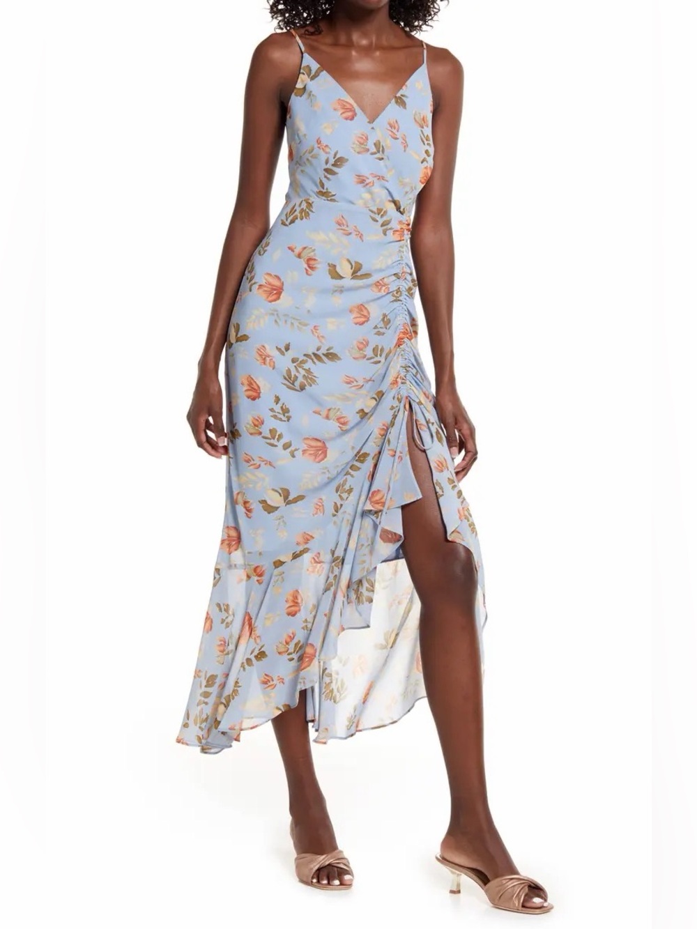 NWOT Floret Studios Gathered Side Surplice Midi Dress Blue Floral Size M